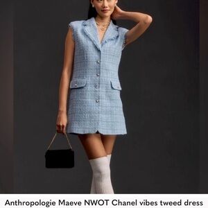 Anthropologie Maeve Sleeveless Tweed Blazer Mini Dress Light Blue